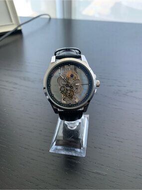 Black Skeleton Dial Men's Dress Watch - Leather Strap